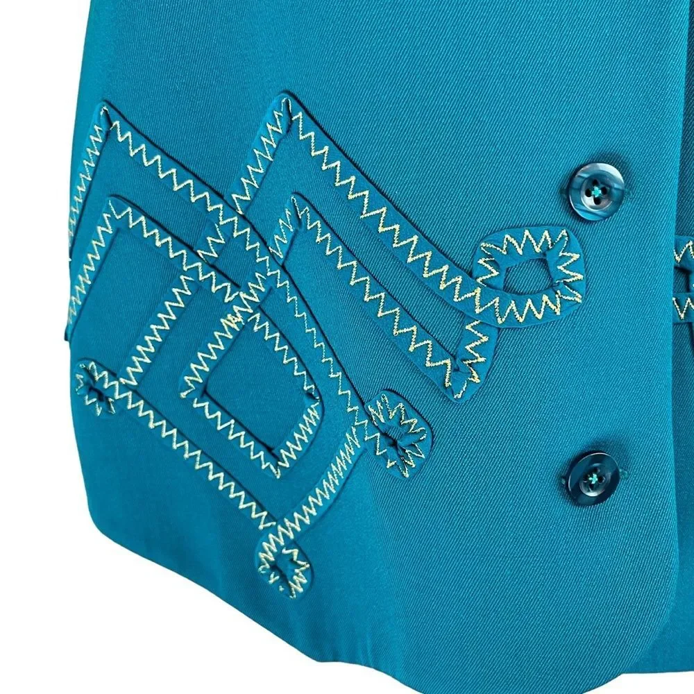 Vintage I B DIFFUSION French Blue‎ Wool Vest Button Front 8 Zig Zag Ribbon